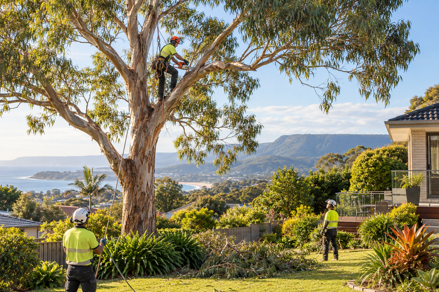 Arborist working in the canopy of a mature tree at an Australian home
